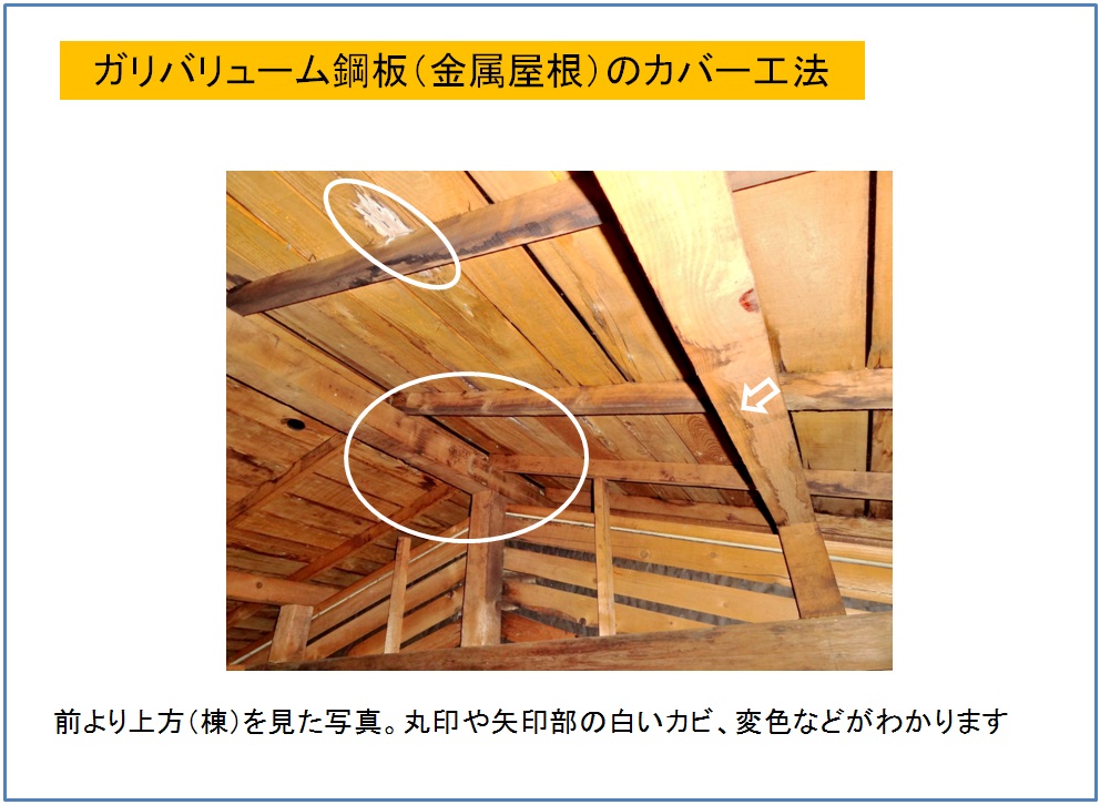ガリバリューム鋼板屋根のカバー工法　天井裏雨漏り跡2