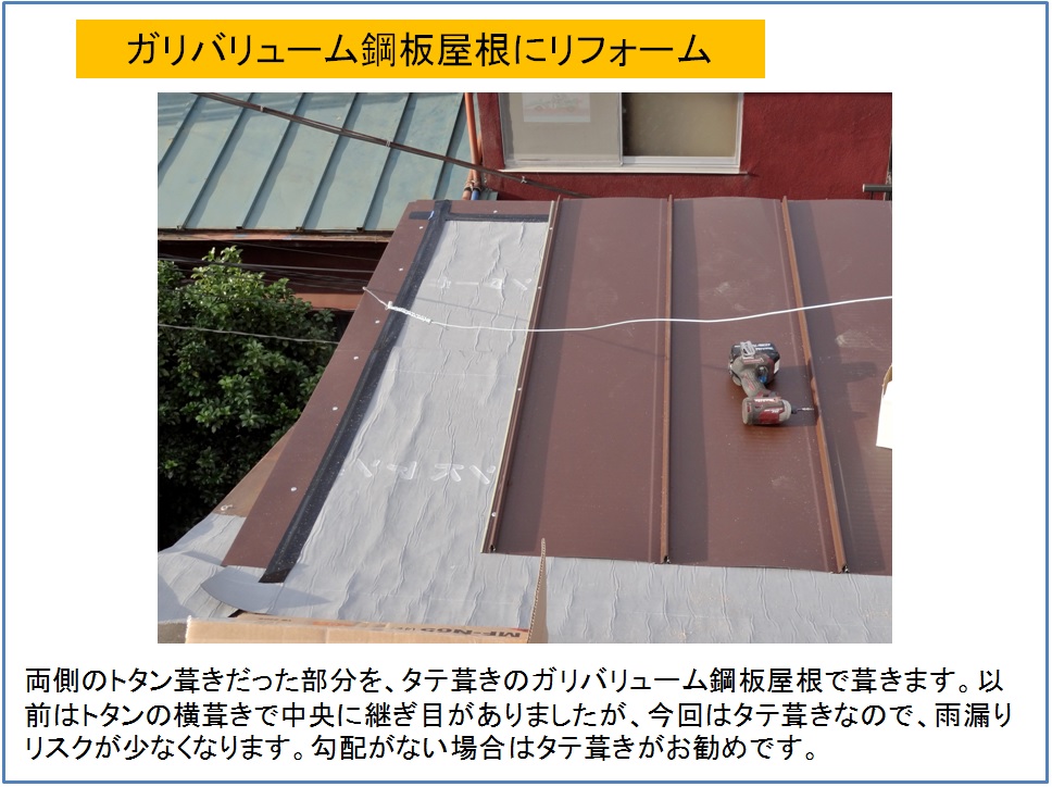 ガリバリューム鋼板屋根にリフォーム　縦葺きで施工中