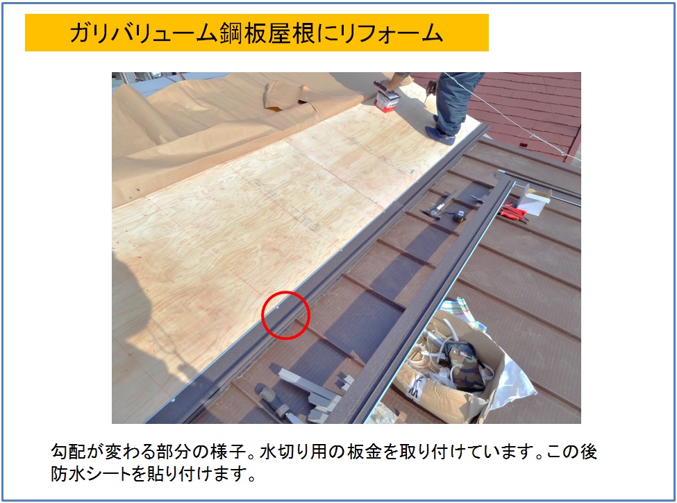 ガリバリューム鋼板屋根にリフォーム　上部にコンパネ貼り